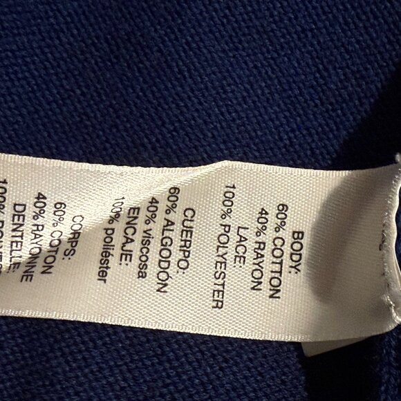 Chico's Women's Navy blue long sleeve open front cardigan with lace trim; size 2 - Picture 7 of 8